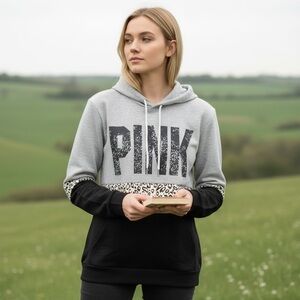 PINK Pullover Gray/Black Hoodie with Animal Print, Long Sleeves